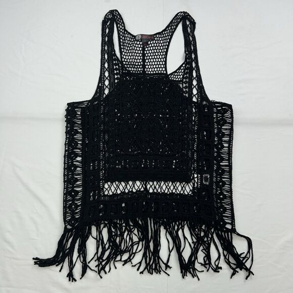 JJ Basics Crochet Tank Top Small Black Fringe Boho Hippie Y2K Beach Cotton - Picture 1 of 10